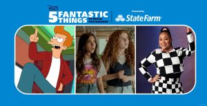 Left: In an image from Hulu’s Futurama, Fry (voiced by Billy West) has his leg up on a chair or table (just under the frame) and his left arm pointing up, as if he’s making an important point in a conversation. He’s wearing a red jacket, a white shirt, and blue pants. Middle: In an image from the Disney Channel Original Movie The Slumber Party, Anna Maria (Valentina Herrera) and Megan (Darby Camp) are quizzically looking at something off-screen to their right. Anna Maria is wearing a graphic tee and has long dark hair; Megan is wearing a black knitted vest over a white shirt and has long curly red hair. Right: In a promo image for Disney Channel’s Raven’s Home, Raven-Symoné is standing against a marbled purple and pink background, wearing a black and white checkered crop top and pants, holding her right arm up, with her left hand resting on her hip. She is smiling at the camera.