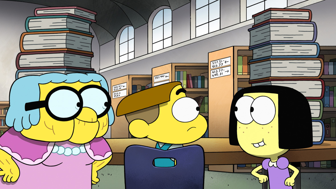 Gramma (voiced by Artemis Pebdani), Cricket Green (voiced by Chris Houghton), and Tilly Green (voiced by Marieve Herington) stand in a library. Gramma has blue hair and a pink shawl over a bubblegum pink dress, a strand of pearls at her neck. She wears large round black rimmed glasses and is looking at Cricket beside her. Cricket sits in a blue-backed chair and is turned toward Tilly, who is dressed in a purple dress.