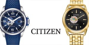 Two watches, one with a blue band and one with a gold band, flanking the Citizen logo.