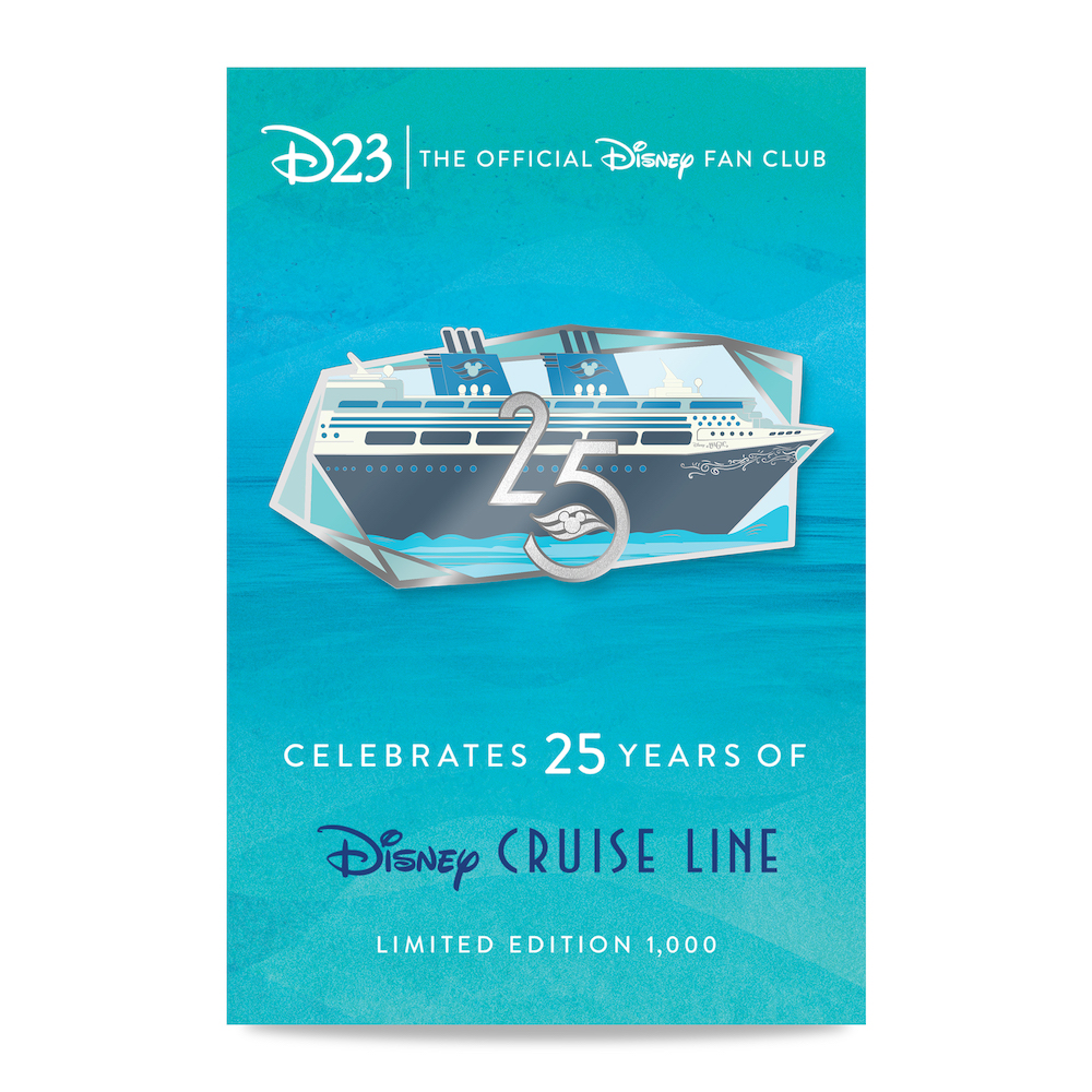 Product image of our Disney Cruise Line 25th Anniversary Pin and Backer Card. The pin features the commemorative 25th Anniversary Emblem of Disney Cruise Line, framed by the iconic motifs seen across all Disney Cruise Line ship designs. The backer features a nautical wave design in soft blue and teal.