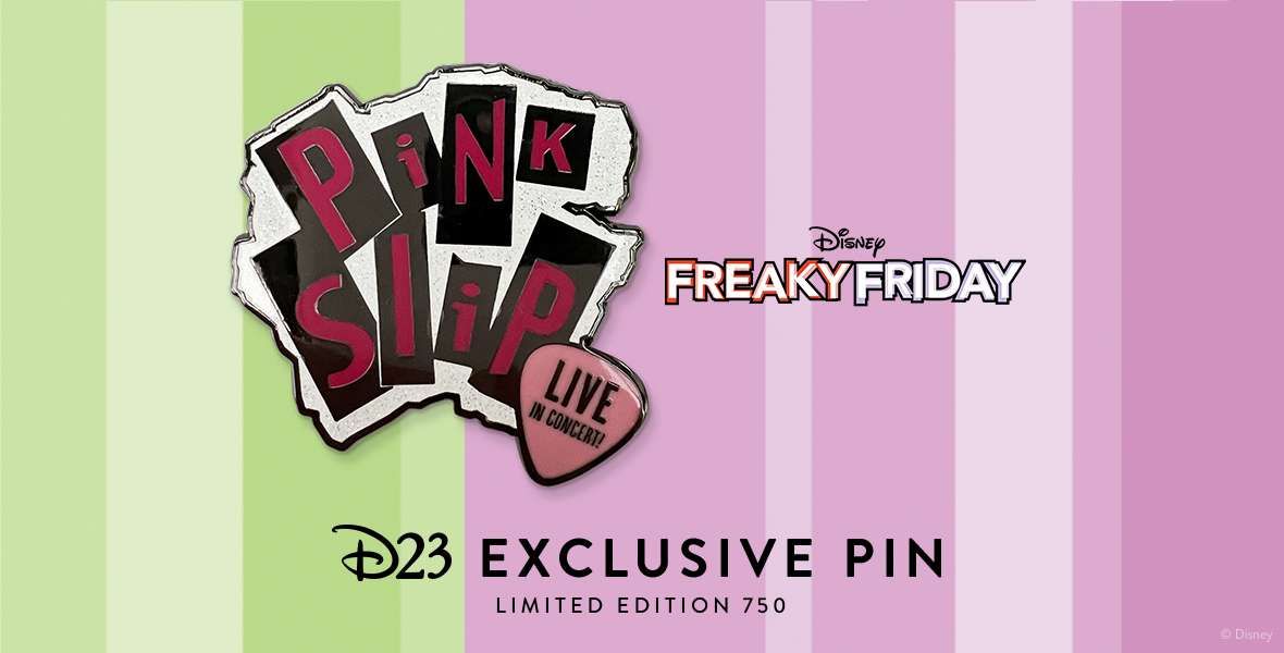 Artwork for D23 Exclusive Freaky Friday Pin on a colorful background, bearing artwork that looks like the punk rock logo of the fictional band Pink Slip including a guitar pick reading “Live in Concert.” The pin is featured on a pink and green backer card reminiscent of the iconic film poster and the contrasting worlds of mother and daughter Tess and Anna Coleman.