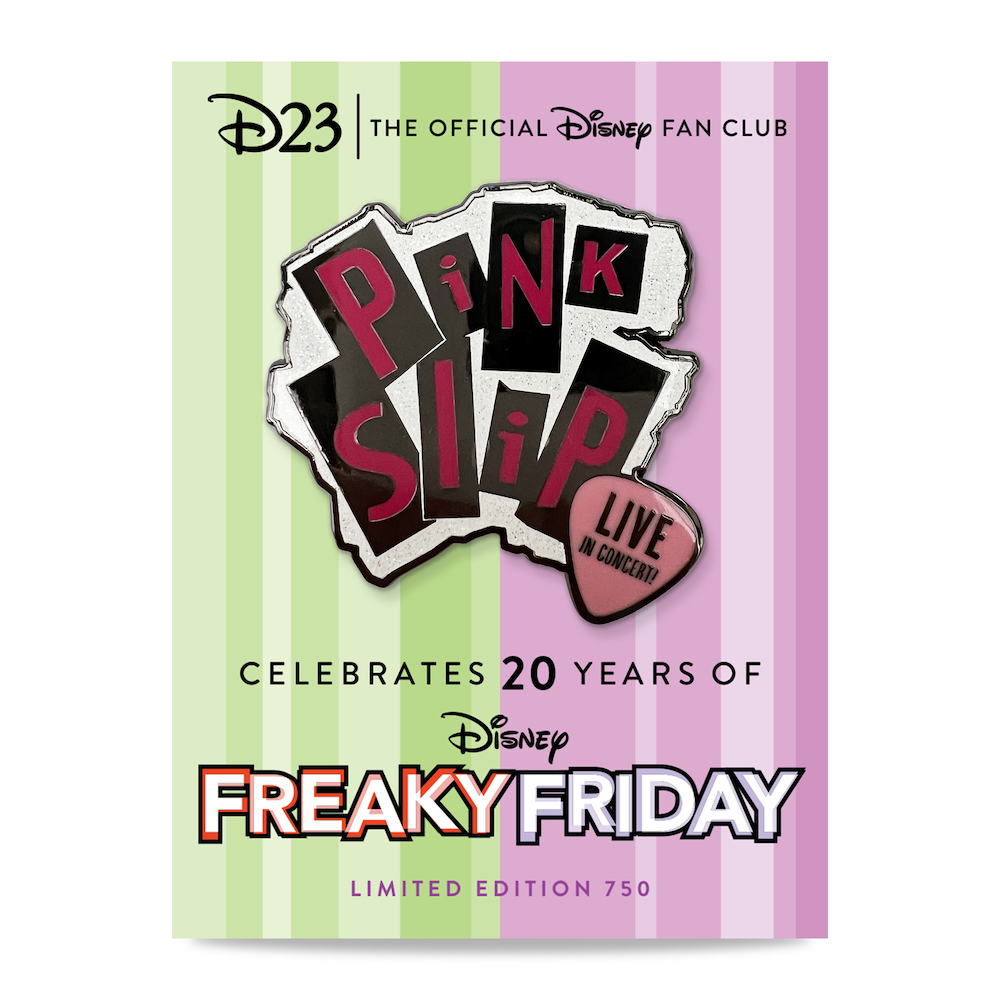 Artwork for D23 Exclusive Freaky Friday Pin, bearing artwork that looks like the punk rock logo of the fictional band Pink Slip including a guitar pick reading “Live in Concert.” The pin is featured on a pink and green backer card reminiscent of the iconic film poster and the contrasting worlds of mother and daughter Tess and Anna Coleman.