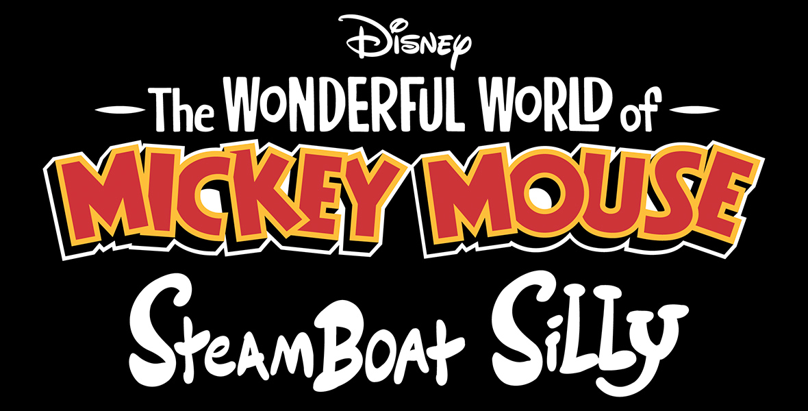The logo for Disney’s The Wonderful World of Mickey Mouse: Steamboat Silly. Against a black background, most of the writing is in white, except for the words “Mickey Mouse,” which are red with a yellow outline.