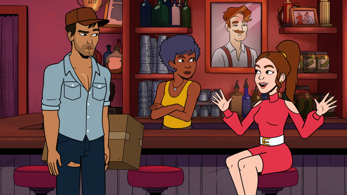 In an image from Freeform’s Praise Petey, from left to right, Bandit (voiced by John Cho), Eliza (voiced by Kiersey Clemons), and Petey (voiced by Annie Murphy) are sitting or standing at a bar, in a red-hued room, talking. Behind Eliza is shelving with glasses and bottles, as well as a large picture of Petey’s now-deceased cult leader father. Bandit is wearing a blue button-up shirt and a brown cap; Eliza is wearing a yellow tank top; and Petey is wearing a “body-con” red dress with white belt.