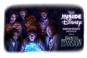 The characters from Haunted Mansion including (from left to right) Travis who is played by Chase Dillon and is wearing a dark gray blazer, light purple shirt and a black bow tie, Gabbie who is played by Rosario Dawson and is wearing a red, brown, orange, and yellow horizontal striped long sleeve shirt, Father Kent who is played by Owen Wilson and is wearing a black suit, white clerical collar, and black hat, Ben Matthias who is played by LaKeith Stanfield and is wearing a blue collared shirt with orange splotches, and a brown leather jacket and hat, and Professor Bruce Davis who is played by Danny DeVito and is wearing a gray coat, over a plaid light brown blazer, an orange and white striped shirt, a navy bow tie, and square glasses all stand around Harriet who is played by Tiffany Haddish and is wearing an orange and green head wrap, an orange long sleeve dress, and several orange beaded necklaces. They are all looking at a lit up blue crystal ball which Haddish has her hands on. On the right side of the image, text reads "D23 Inside Disney Ghoulish Delights with the Cast of Disney Haunted Mansion.