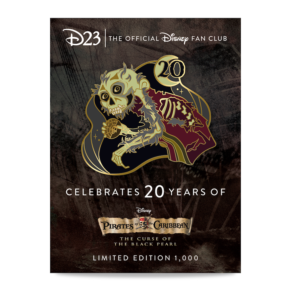Animated artwork for D23 Exclusive Pirates of the Caribbean Curse of the Black Pearl 20th anniversary glow-in-the-dark pin. The pin artwork features the rotting ghostly remains of the cursed capuchin monkey Jack, with pale green details on the skeletal fixtures of the monkey and a “20” emblem above a moon at the top of the pin. It also features golden metal details and grey and maroon infill elements on Jack’s tattered clothes. He is framed in a mystical swirl shape. This image displays the pin on top of darkened artwork of the Black Pearl pirate ship, with the logo for the film and the phrase “D23: The Official Disney Fan Club Celebrates 20 Years of Pirates of the Caribbean: Curse of the Black Pearl – Limited Edition 1,000.”