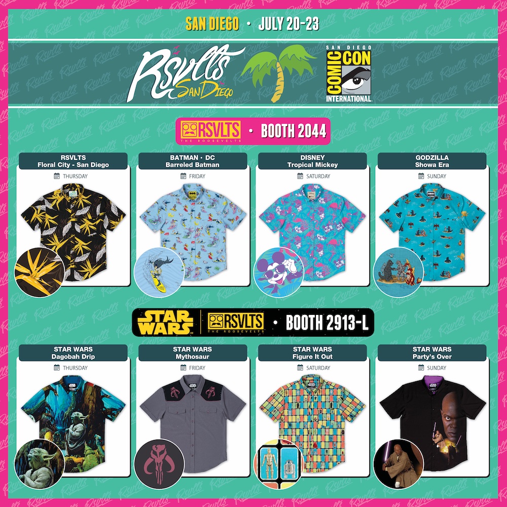 A square image with a pink outline and teal background featuring RSVLTS’ exclusive SDCC merch. Four Disney Animation-themed shirts are denoted to be sold at booth #2044, while four Star Wars-themed shirts are denoted to be sold at booth #2913-L.