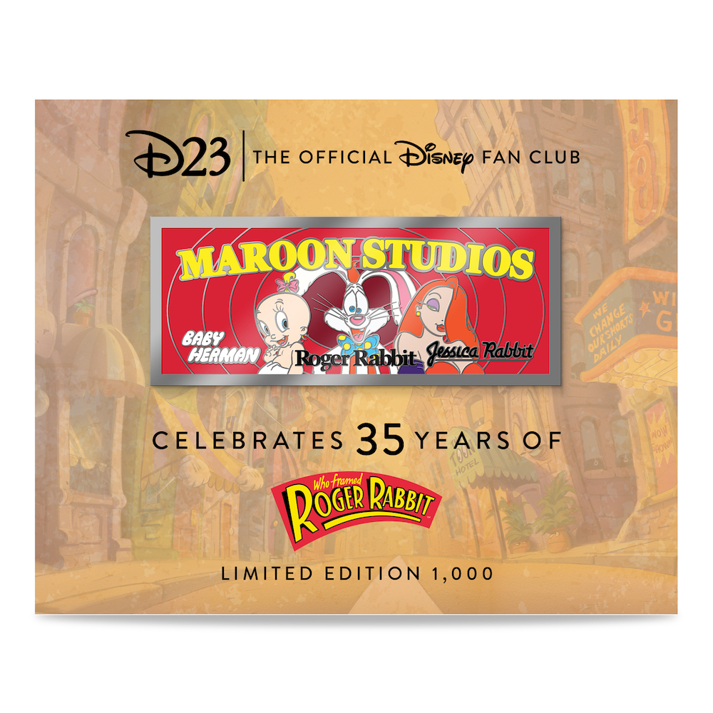 Product image of our Who Framed Roger Rabbit 35th Anniversary Jumbo Pin and Backer Card. The pin depicts an advert for Maroon Cartoons, featuring the gruff Baby Herman, the swoon-worthy Jessica Rabbit, and everyone’s favorite funny bunny – Roger Rabbit. The backer features an animated Toontown inspired design.