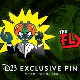 Artwork for D23-exclusive The Fly (1958) 65th anniversary pin featuring scientist André Delambre in his metamorphosed fly form. The pin features black nickel detailing and green, white, and orange infill elements. Behind the pin artwork is a swirling green sci-fi inspired piece of artwork featuring the shocked face of Delambre’s wife, along with the logo for The Fly (1958) and the phrase “D23 Exclusive Pin, Limited Edition 500.”