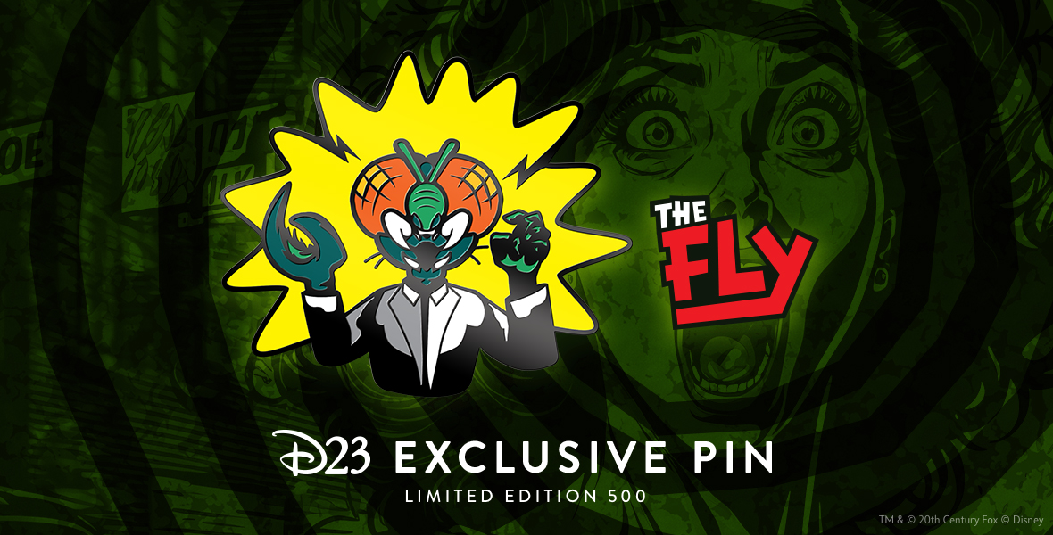 Artwork for D23-exclusive The Fly (1958) 65th anniversary pin featuring scientist André Delambre in his metamorphosed fly form. The pin features black nickel detailing and green, white, and orange infill elements. Behind the pin artwork is a swirling green sci-fi inspired piece of artwork featuring the shocked face of Delambre’s wife, along with the logo for The Fly (1958) and the phrase “D23 Exclusive Pin, Limited Edition 500.”