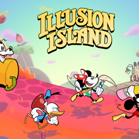 On a poster for Illusion Island, Mickey Mouse runs from left to right with a large pencil held above his head. Behind him is MIckey Mouse running with an ax in front of her in her hands. Donald Duck is behind her with a plunger laying atop his shoulder. Goofy is behind them all with a large jar of mustard in his left hand. The ground they are running on is pink and orange and the clouds are purple in the blue sky.