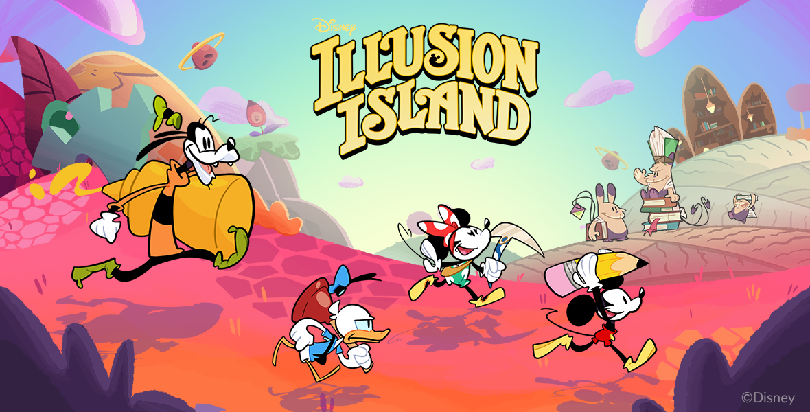 On a poster for Illusion Island, Mickey Mouse runs from left to right with a large pencil held above his head. Behind him is MIckey Mouse running with an ax in front of her in her hands. Donald Duck is behind her with a plunger laying atop his shoulder. Goofy is behind them all with a large jar of mustard in his left hand. The ground they are running on is pink and orange and the clouds are purple in the blue sky.