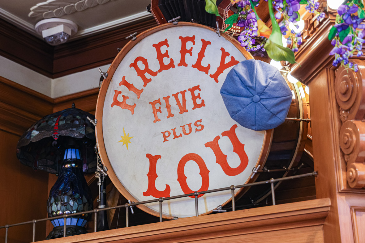 A bass drum sports the logo for the Dixieland jazz band Firefly Five Plus Lou at Tiana’s Palace.
