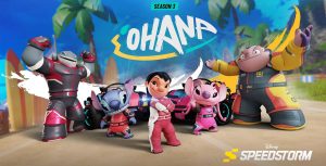 Gantu, Stitch, Lilo, Angel, and Jumba stand in front of two red race cars, all wearing racing suits
