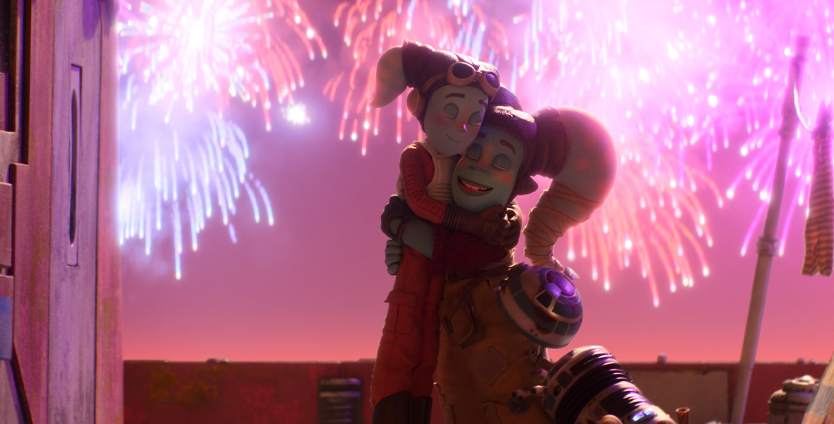 In an image from Star Wars Visions, two blue Twi’leks embrace while fireworks burst in a pink-colored sky behind them.