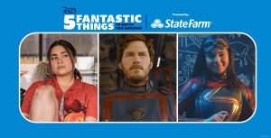 Left: In an image from FX’s Reservation Dogs, Elora (Devery Jacobs) is sitting on a green bench, staring off into space. She’s wearing an orange short sleeve button-up shirt and dark shorts, and one of her legs is bent, with her foot (in a black sneaker) up on the bench. Middle: In an image from Marvel Studios’ Guardians of the Galaxy Vol. 3, Peter Quill/Star-Lord (Chris Pratt) is walking down the ramp from his ship. He’s wearing the usual dark blue and red Guardians uniform, and he has a serious look on his face as he stares at something off camera to his right. Right: In an image from Disney+’s Ms. Marvel, Kamala Khan (Iman Vellani) is wearing her Ms. Marvel uniform and has a happy smirk on her face. She’s in a dimly lit room, standing in front of a chalkboard-like wall that’s covered in Super Hero-related diagrams. Her mask is sitting up on her forehead.