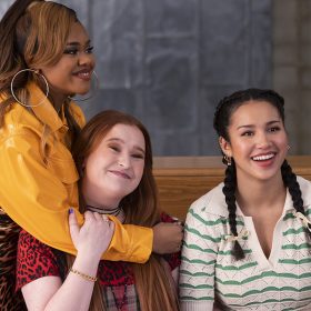 Actors Dara Reneé, Julia Lester, and Sofia Wylie embrace each other in a scene from the High School Musical: The Musical: The Series Season 4 episode “Trust the Process.”