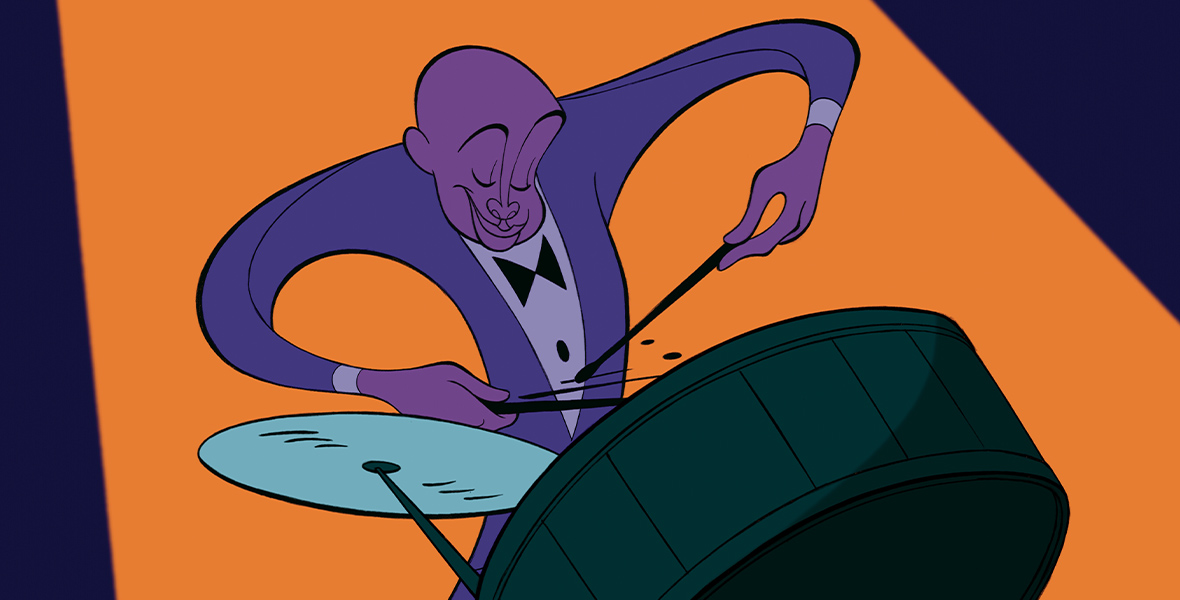 In an image from Fantasia 2000—from the “Rhapsody in Blue” segment—a drummer is seen behind a drum set, with drumsticks in his hands. He is drawn in hues of purple; the background is orange.