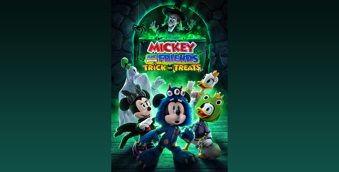 The poster for Mickey and Friends Trick or Treats, featuring Goofy, Minnie Mouse, Mickey Mouse, Daisy Duck, and Donald Duck in their Halloween costumes, looking fearfully above them, where Witch Hazel is cackling behind a glowing green cauldron.