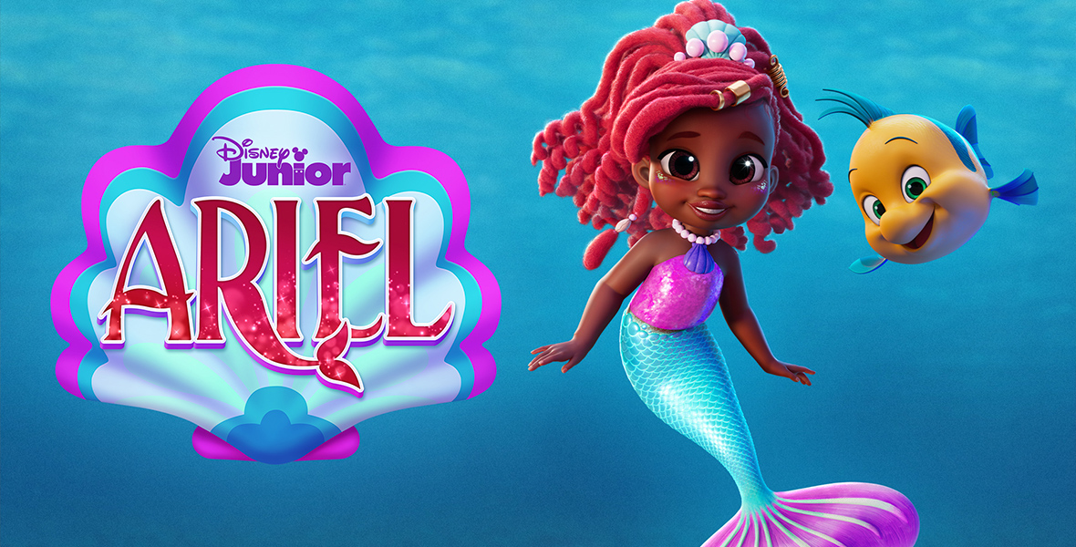 The logo for the series Disney Junior’s Ariel, featuring the title against an animated seashell outlined in turquoise and purple. To the right of the logo is the animated version of a young Ariel as a mermaid, with her fish friend flounder smiling beside her.