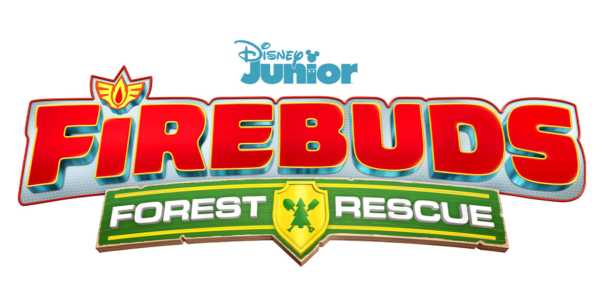 The logo for Firebuds, which features the title in bright red font, stylized to resemble a fire truck. Below the title is the subtitle “Forest Rescue” in white text against a green background. The two words are separated by a yellow shield with a green pine tree on it. 
