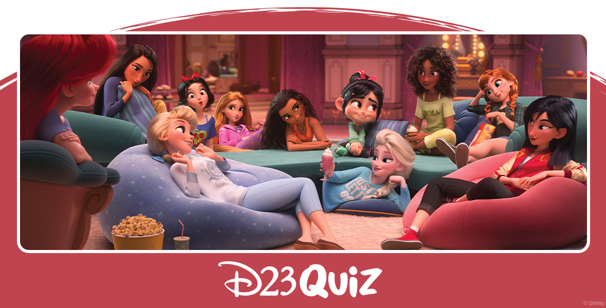 All the princesses are in their sleepover attire surrounding Vanellope von Schweetz. (From left to right) Ariel is in a purple short-sleeve shirt while sitting on a pink chair with a blue scalloped rim. Cinderella is sitting on a blue bean bag with white stars on it while wearing blue leggings, a pale blue top featuring a blue design, and brown flats with her hair up in a low bun, tied with a blue bow. Pocahontas is wearing a dark blue long-sleeve shirt while hugging a light blue and dark blue striped pillow. Snow White has a surprised look on her face while wearing a red bow in her hair and a blue shirt that features a yellow skull design on a red apple. Rapunzel is slightly smiling while wearing a purple shirt under a pink zip-up jacket, and purple leggings with yellow stars. Moana is smiling while resting her arms on the back of the sofa and wearing an orange tank top that has “Shiny” written in yellow. Vanellope von Schweetz sits on the couch and stares at Anna, to the side of her, while wearing a green sweatshirt, green and white striped leggings, and candy in her hair which is in a ponytail featuring a pink bow. Laying on the ground, below Vanellope von Schweetz, is Elsa who has a pink milkshake in her hand with whipped cream and is wearing black leggings and a blue long-sleeve shirt that has “Just Let it Go” written on it. Tiana sits on the couch next to Vanellope von Schweetz and is wearing a green shirt that has “NOLA” written on it and matching green jeans while she holds a coffee with whipped cream on top that has a green straw sticking out of it. Anna is wearing a black shirt that has a sandwich on it, a green, black, and red flannel, and jean shorts with black tennis shoes and sits on the couch eating chips. Mulan sits on a red bean bag while wearing a red and gold zip-up jacket with dragons printed on the shoulders, black jeans, and red high top tennis shoes.