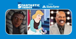 Left: In an image from Star Wars: Ahsoka, Ahsoka Tano (Rosario Dawson) is inside a ship of some kind and looking at someone who’s just off camera to the left. Middle: In an image from the 1950 Disney animated classic Cinderella, the title character is sitting in a red velvet chair and holding a glass slipper. Right: In an image from ABC’s Celebrity Family Feud, host Steve Harvey is standing on the brightly lit set; he’s wearing a gray suit and smiling.