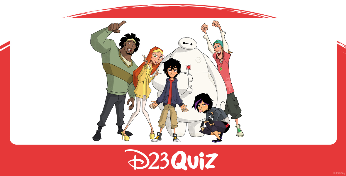 The characters from Big Hero 6 pose together. Wasabi is pointing his finger in the air while wearing a green sweater with a yellow stripe in the middle of it, gray pants, black boots, and a yellow headband. Honey Lemon is holding up peace signs while wearing a yellow shirt, yellow jacket, yellow headband, white pants, and yellow heels. Hiro Hamada is wearing an orange shirt, blue jacket, beige pants, and gray high-top sneakers with yellow shoelaces. Baymax holds a red lollipop in a transparent square wrapper. GoGo Tomago is squatting while blowing bubbles with gum and wearing a gray cropped jacket on top of a white shirt, gray pants, and black sneakers. Fred is holding both his hands up in fists while smiling and wearing a white long sleeve shirt under a red short sleeve shirt, green cargo shorts, white high-top sneakers, and a green hat.
