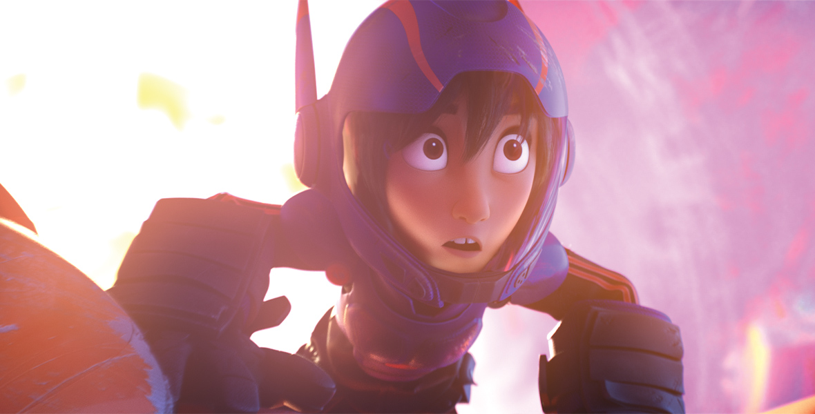 Hiro Hamada, from Big Hero 6, is in his purple super armor with red stripes that has two antennas sticking out of his helmet. He stares forward in awe while he hangs onto Baymax’s back and a flash of light comes from behind him.