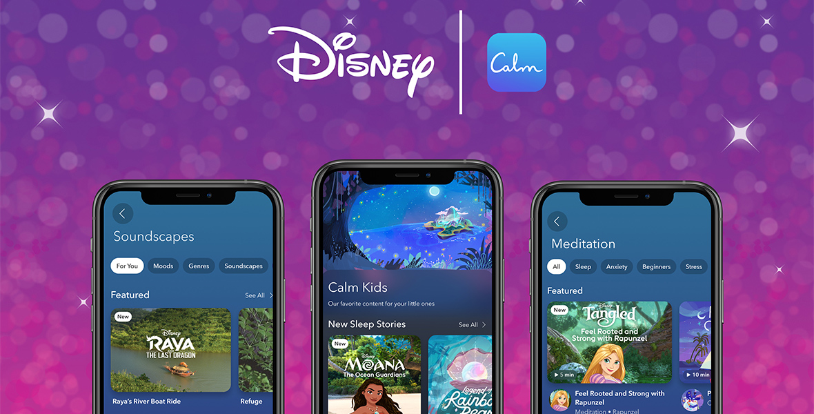 Three phone screens against a purple, glittery gradient. Above the phones are the Disney and Calm app logos. Each phone features a screenshot from the Disney Princess-themed section of the app.