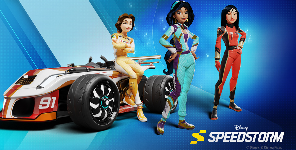 Belle, Jasmine, and Mulan as they appear in the video game Disney Speedstorm. Each princess is wearing a racing suit in their associated color. Belle is leaning against a red and orange race car with the number “91” on it. In the lower right corner is the logo for the Disney Speedstorm game, in white.