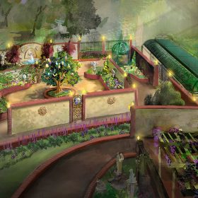 Concept art of the expanded Haunted Mansion queue, featuring high tan walls and gardens with lights and statues.