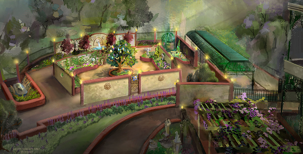 Concept art of the expanded Haunted Mansion queue, featuring high tan walls and gardens with lights and statues.
