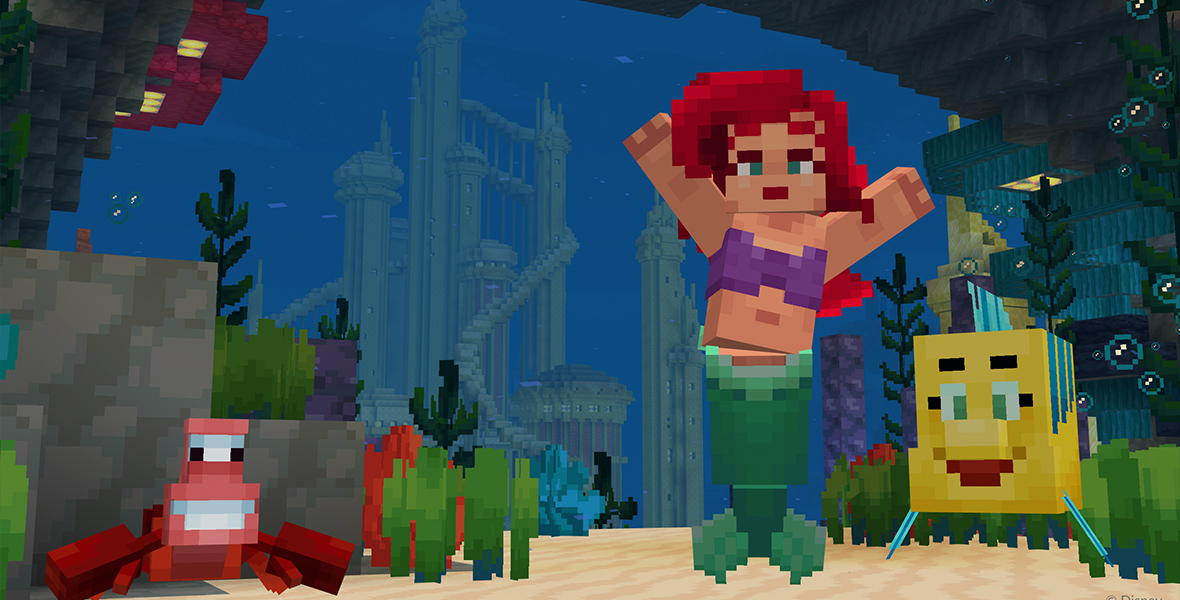 In a screenshot from the game Minecraft, Sebastian, Ariel, and Flounder face the camera, with the castle of Atlantica in the distance behind them.