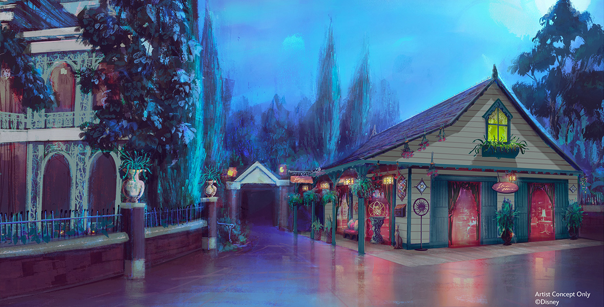 Concept art for the Madame Leota-themed shop. It is a small carriage house beside the Haunted Mansion’s exit, decorated with plants and hanging flowers. The entrances to the store are draped with red curtains.