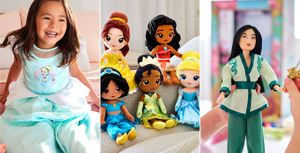 Three images in a triptych. The first image is a child sitting on a bed in a blue Cinderella-themed dress. The next image features plushies of Belle, Moana, Jasmine, Tiana, Cinderella, and Ariel sitting on a couch. The final image is a Disney Story doll of Mulan in her green soldier outfit. A child, who is mostly offscreen except of their arms, is holding the doll and putting a sword in its hands.