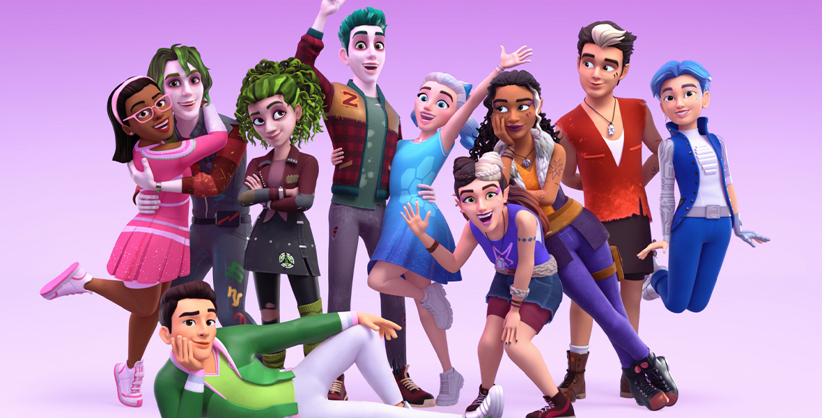 In a promo image for Disney Branded Television’s ZOMBIES: The Re-animated Series Shorts, Bree (voiced by Carla Jeffery), Bonzo (voiced by James Godfrey), Bucky (voiced by Trevor Tordjman), Eliza (voiced by Kylee Russell), Zed (voiced by Milo Manheim), Addison (voiced by Meg Donnelly), Wynter (voiced by Ariel Martin), Willa (voiced by Chandler Kinney), Wyatt (voiced by Pearce Joza), and A-Spen (voiced by Terry Hu) stand against a purple background, smiling at the camera and all in various fun poses.