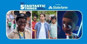 Left: In an image from the second season finale episode of ABC’s The Wonder Years, Dean (Elisha “EJ” Williams) is standing inside Disneyland Park, wearing a pair of old school Mickey ears. He’s smiling and wearing glasses, looking at something offscreen to the right. Middle: In an image from Hulu’s Miguel Wants to Fight, from left to right, Cass (Imani Lewis) and Miguel (Tyler Dean Flores) are standing on a street, looking seriously at something off camera to the left. Cass is wearing a red top and burgundy pants, and Miguel is wearing a blue button-up shirt over a white T-shirt. Right: In an image from Lucasfilm’s Star Wars: Young Jedi Adventures, Kai Brightstar (voiced by Jamaal Avery Jr.) is seen wearing Jedi robes and holding up a lightsaber.