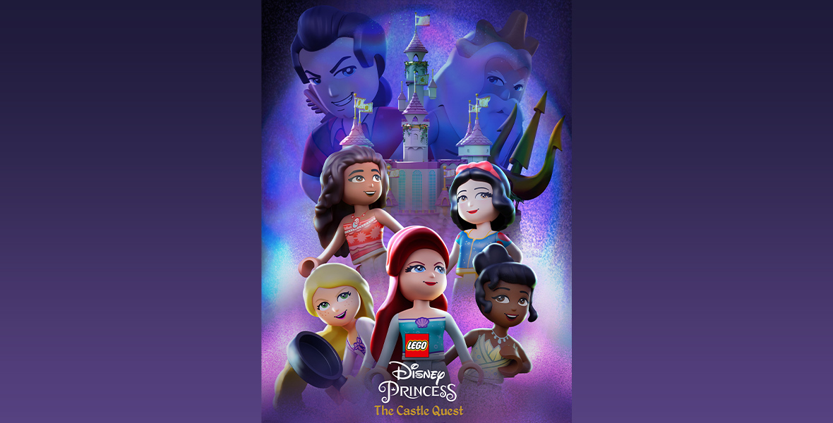 The poster for Disney+’s LEGO Disney Princess: The Castle Quest features Tiana, Moana, Snow White, Rapunzel, and Ariel in the foreground, seen in front of a castle; in the background are looming images of Gaston and King Triton. The background is in shades of purples and pinks; towards the bottom of the image is the special’s title, premiere date, and the Disney+ logo.