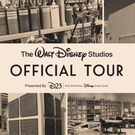 7 black and white pictures are gridded together with a white box that has black text reading “The Walt Disney Studios Official Tour Presented By D23 The Official Disney Fan Club” in the middle of the page. The 3 pictures on top include (from left to right) a water tower reading “The Walt Disney Company”, a bunch of paint bottles sitting on shelves, and the wall of a studio. The 4 pictures on the bottom include (from left to right) a hallway with Steam Boat Willy printed on the floor in his sailor outfit and cap holding onto the boat wheel, handprint plaques that hang on the wall, an office filled with books on shelves, and half of the Walt Disney statue holding Mickey Mouse's hand, looking up at 3 of the 7 dwarfs on the top of a buildings trim.