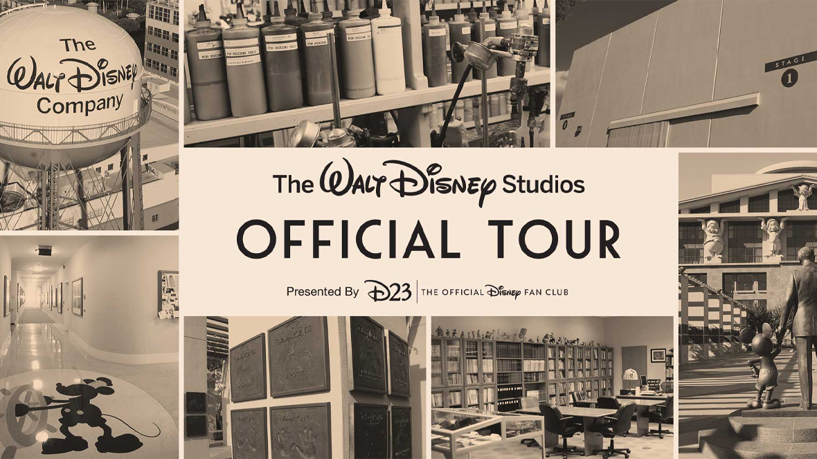 7 black and white pictures are gridded together with a white box that has black text reading “The Walt Disney Studios Official Tour Presented By D23 The Official Disney Fan Club” in the middle of the page. The 3 pictures on top include (from left to right) a water tower reading “The Walt Disney Company”, a bunch of paint bottles sitting on shelves, and the wall of a studio. The 4 pictures on the bottom include (from left to right) a hallway with Steam Boat Willy printed on the floor in his sailor outfit and cap holding onto the boat wheel, handprint plaques that hang on the wall, an office filled with books on shelves, and half of the Walt Disney statue holding Mickey Mouse