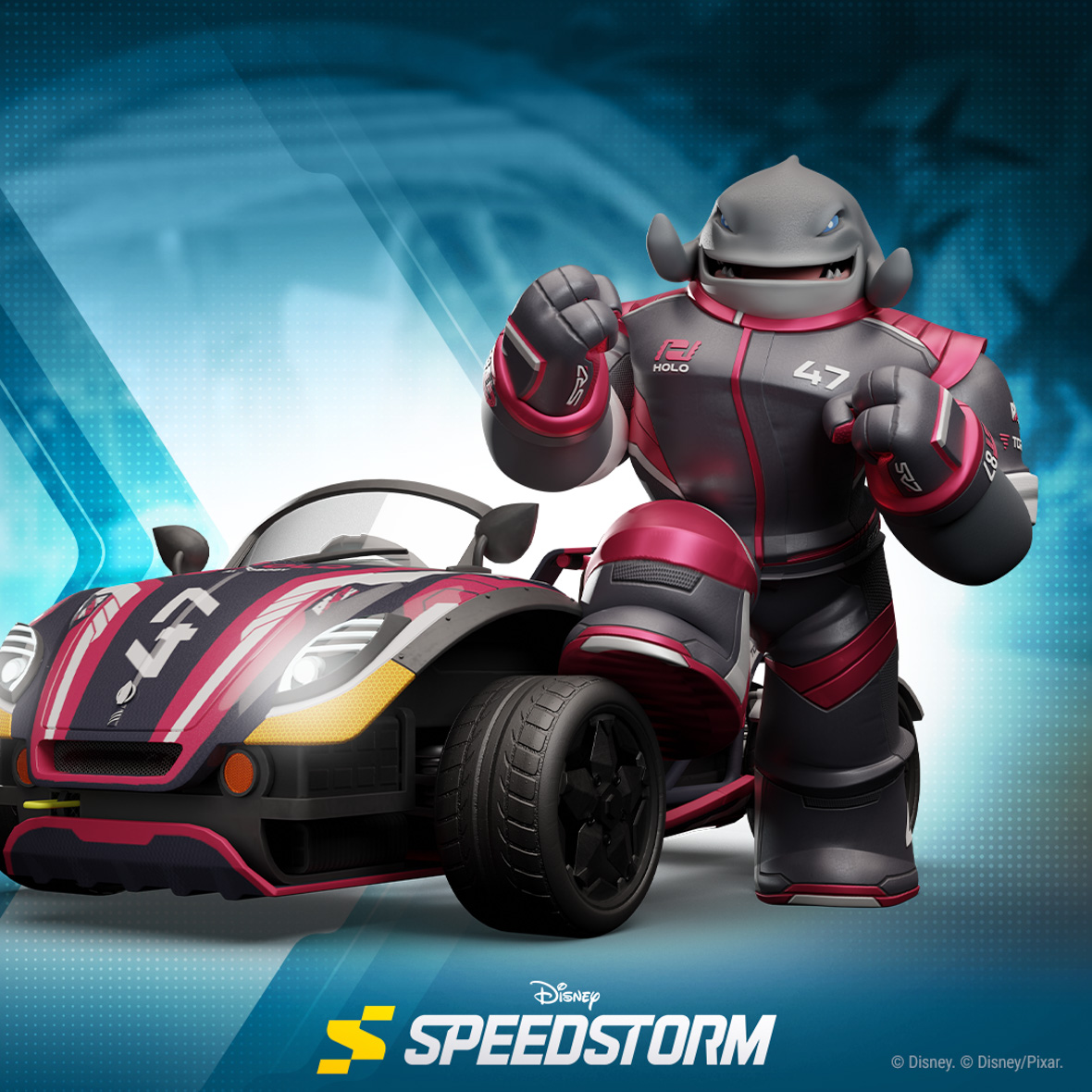 Gantu stands to the right of his race car, which is colored black and red to match his racing suit. He is smiling, his fists pumped in excitement, one foot balanced on the wheel of his car.