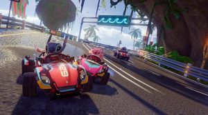 Stitch and Angel are racing on an animated racetrack, Stitch passing Angel by an extremely narrow margin—almost hitting her car. Behind them to the right, Lilo and Gantu are both racing in their own cars.