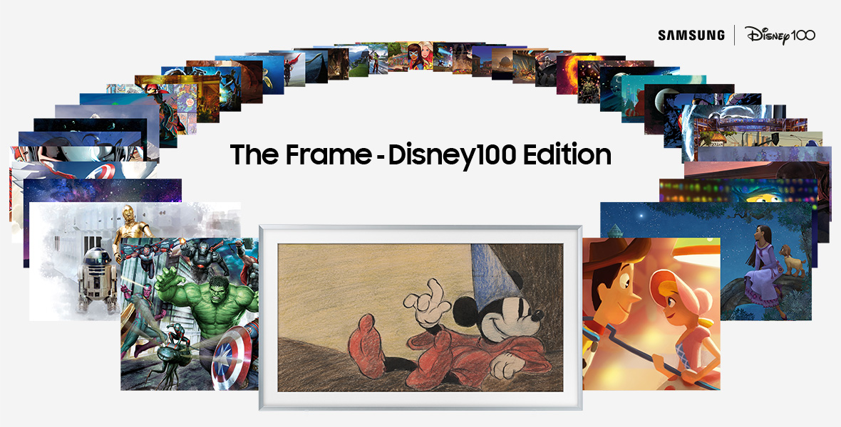 Several photos form a circle around the phrase “The Frame-Disney100 Edition” which is written in black. The picture in front is a sketch of Mickey laying on the floor with one hand on the floor and the other up in the air while he wears his Fantasia red robe and blue hat. On the right side of this picture, is a picture of Hulk in a running stance with both hands up while he is surrounded by other Marvel characters. Behind this picture is a picture of C-3PO, from Star Wars, staring to the right top corner with R2-D2 by his side. To the right of the picture of Mickey, is a picture of Little Bo-Peep, from Toy Story, who has her staff around Woody’s neck to pull him closer to her. Behind this picture is a picture of Asha and Valentino the goat, from Wish, who sit on a tree branch while looking up at a bright star. In the top right of the whole graphic, Samsung and Disney100 are written in black with a vertical line between them.