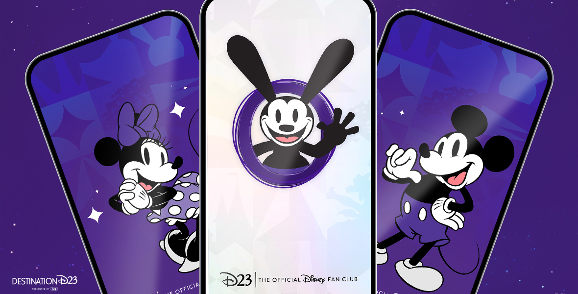 Three phones are spread across a purple background with small white specks on it and Destination D23 written on the bottom left corner in white. One phone is in the middle and the two others are poking out of either side. The left phone has Minnie Mouse on the screen in a purple dress with white polka dots, white heels, and a purple bow. Her hands are clasped together as she bends over to rest her hands on them while smiling. She is on a purple background with white stars on either side of her. On the middle phone, Oswald the Lucky Rabbit is on the screen popping out of a purple circle while smiling with one of his hands up waving. He is on a white background with D23 The Official Fan Club written at the bottom in black. The right phone features Mickey Mouse who has purple shorts on while pointing to himself with one hand while the other hand is on his hip as he is in front of a purple background.