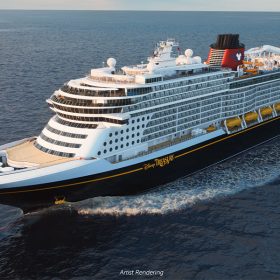 An artist rendering image of the Disney Treasure, Disney Cruise Line’s newest ship setting sail in December 2024. The ship is sailing in open waters from right to left; it’s a sunny day, and there are some wispy clouds on the horizon. The name of the ship is written in cursive along on the side of the ship. Two smokestacks, in red, white, and black, can be seen towards the rear of the ship.
