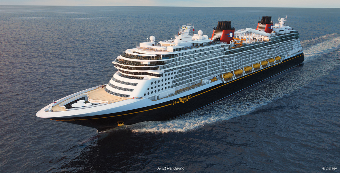 An artist rendering image of the Disney Treasure, Disney Cruise Line’s newest ship setting sail in December 2024. The ship is sailing in open waters from right to left; it’s a sunny day, and there are some wispy clouds on the horizon. The name of the ship is written in cursive along on the side of the ship. Two smokestacks, in red, white, and black, can be seen towards the rear of the ship.