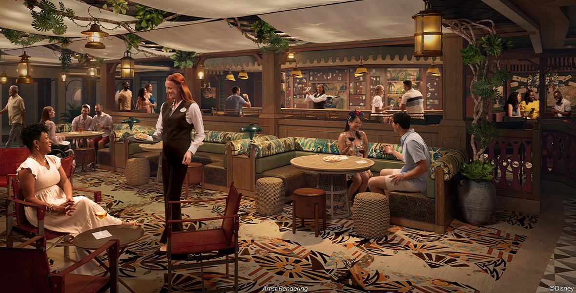 In an artist’s rendering of the Skipper Society lounge, onboard Disney Cruise Line’s Disney Treasure, a server brings a plate of food to a woman seated towards the left of the frame. The room has a jungle-like feel, with vines and plants peeking through draped clothes on the ceiling. There is a bar towards the back of the image, as well as several booths—other patrons are located at each, enjoying drinks. A jungle-themed pattern adorns the space’s rug. The colors of the room are muted browns and greens, adding to the jungle feel.