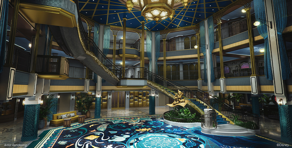 In an artist’s rendering of the Grand Hall from inside Disney Cruise Line’s Disney Treasure, the three-story atrium can be seen, evoking the golden splendor of the palace of Agrabah from Walt Disney Animation Studios’ Aladdin. A statue of Jasmine and Aladdin riding the magic carpet can be seen towards the middle of the image, at the bottom of the staircase, which wraps around most of the room and up to the third floor. Many doorways and corridors can be seen; the color scheme is mostly blue and gold.