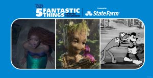 Left: In an image from Disney’s live action The Little Mermaid, Ariel (Halle Bailey) is underwater and looking up towards the surface; sunlight is shining through the water on her face. She is sitting on a rock on the ocean floor and singing. Middle: In an image from the second season of Disney+’s I Am Groot, Baby Groot (voiced by Vin Diesel) is looking lovingly at a bird-like creature with orange eyes and purple feathers, which he’s holding in his hands. Right: In an image from the 1934 black and white Walt Disney animated short Playful Pluto, Pluto has jumped up onto Mickey Mouse, throwing his front paws around his shoulders, and is licking his face. Mickey is laughing and smiling.